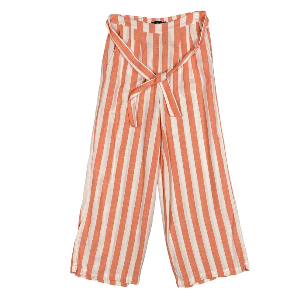 Volcom Orange White Striped Wide‎ Leg Crop Pants Belted Tie Waist Women's Size S